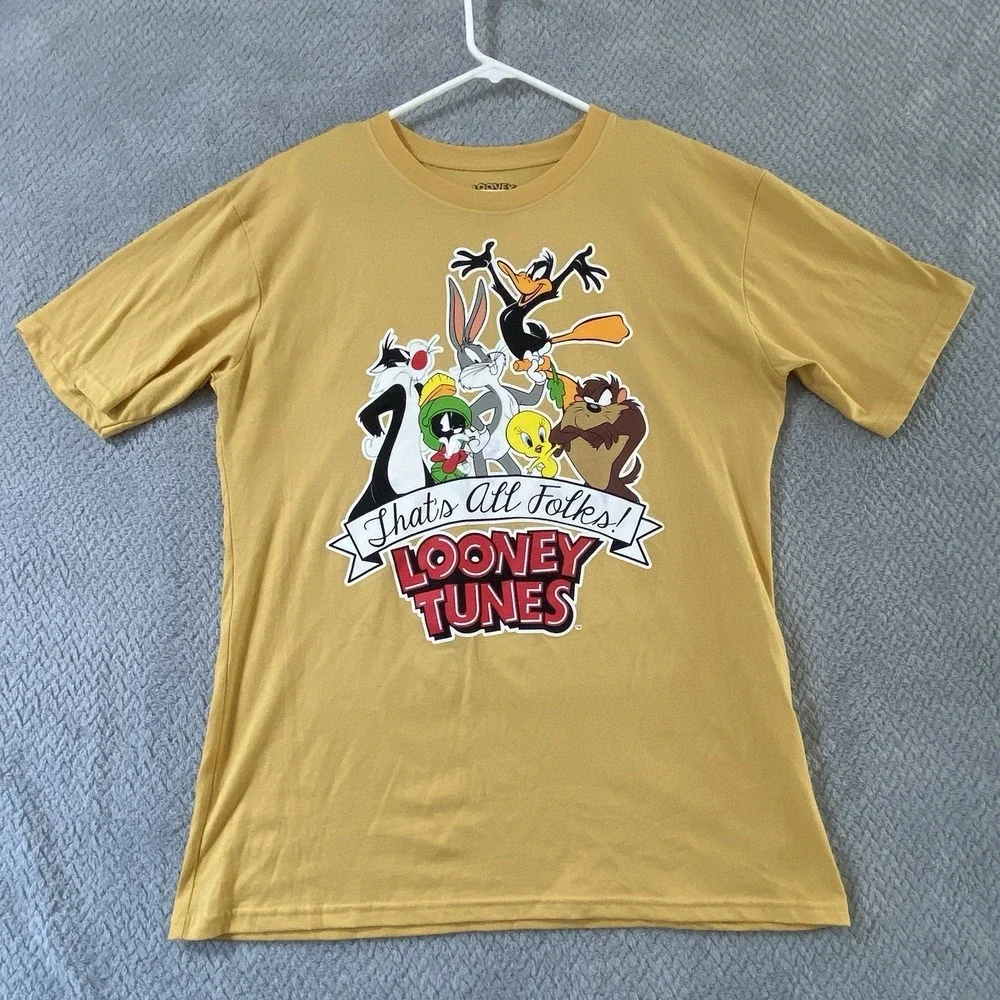 Looney Tunes T-Shirt Mens Sz M Bugs Bunny Daffy Duck Tweety Yellow Short Sleeve